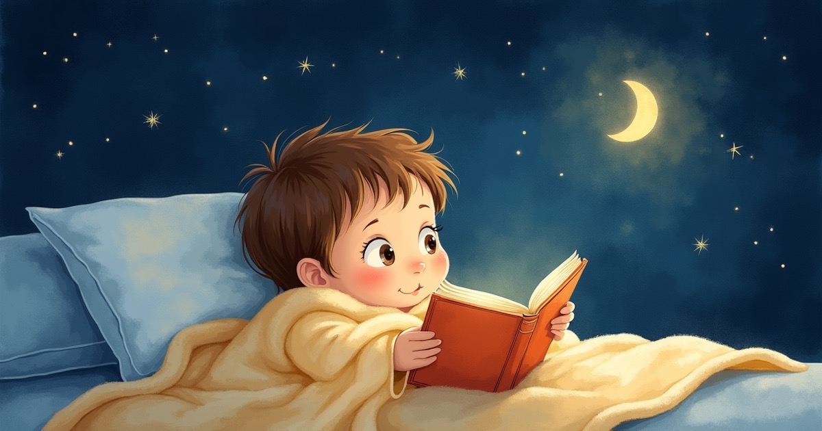 Rodič předčítá dítěti večerní pohádku z tabletu u rozsvícené noční lampičky